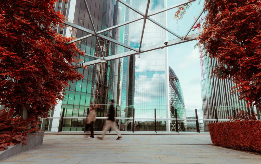 Blurred motion of urban people in London financial district