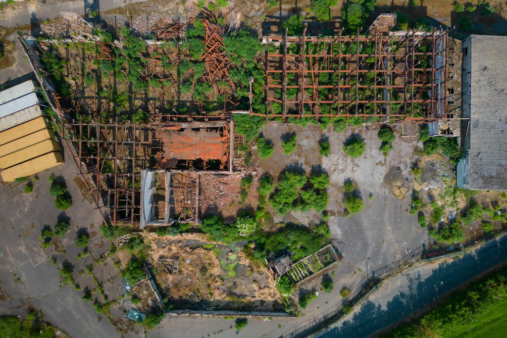 An aerial view of an abandoned factory near Ipswich in Suffolk, UK